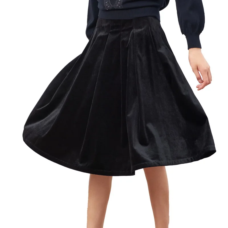 

Women Pleated Skirt Luxuy Velvet Solid Young Lady New Fashion Autumn Winter Knee-Length Dress
