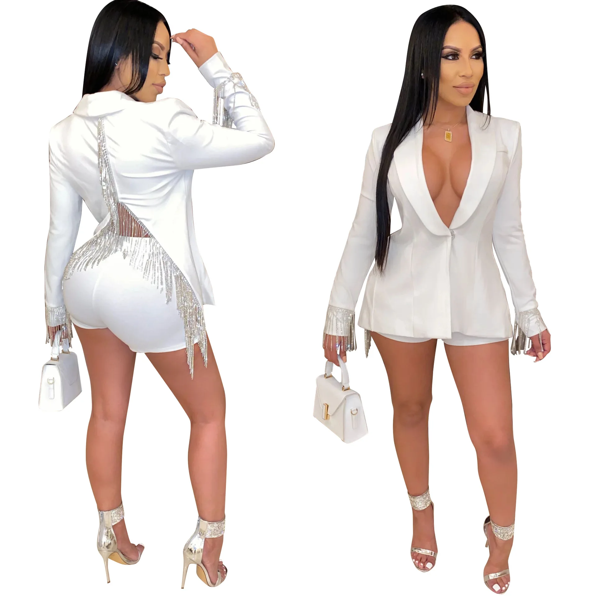 Echoine Autumn blazer set Two Piece Set Tassel Back Split Blazer Jacket Women V-neck women suits Sexy Club Shorts Matching Set