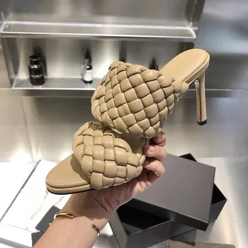 

High Heel Woman Sandals Woven Fashion Sexy Genuine Leather Ladies Slippers Summer New Luxury Designer Brand Woman Shoes