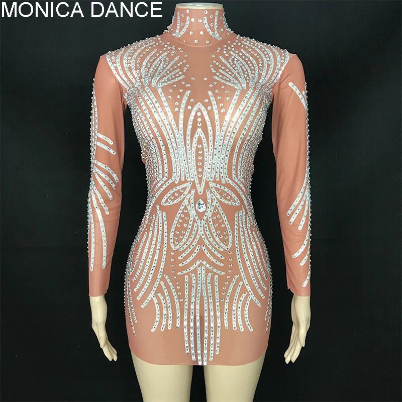 

Sexy Silver Rhinestones Transparent Mini Dress Shining Dancer Prom Performance Outfit Evening Birthday Wedding Celebrate Costume