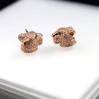 

Personality interest green eye leopard stud S925 sterling silver rhinestone leopard head stud for both men and women