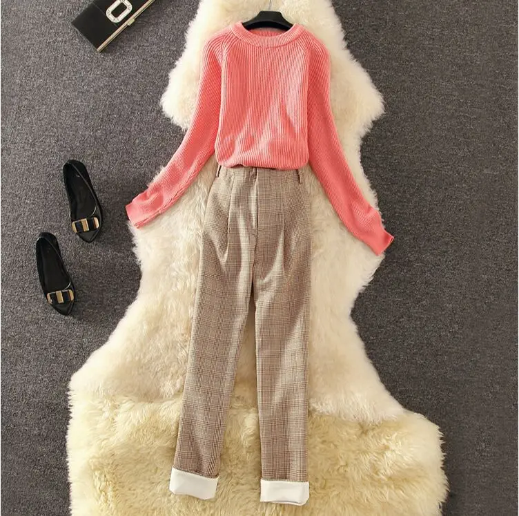 

Knit Solid Long Sleeve Fashion O-Neck Jumper Sweaters Tops+Plaid High Waist Pants Women Simple Autumn Office Work 2 Pieces Sets