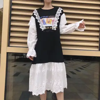 

2020 Spring And summer New Style Korean-style Printed Joint Lace Loose-Fit Long-sleeved Dress Casual Flounced Dress