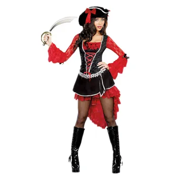 

Red Sexy Pirate Costume Cosplay Dress+Hat Women Party Fancy Dress Clothing For Female Adult Halloween Costumes