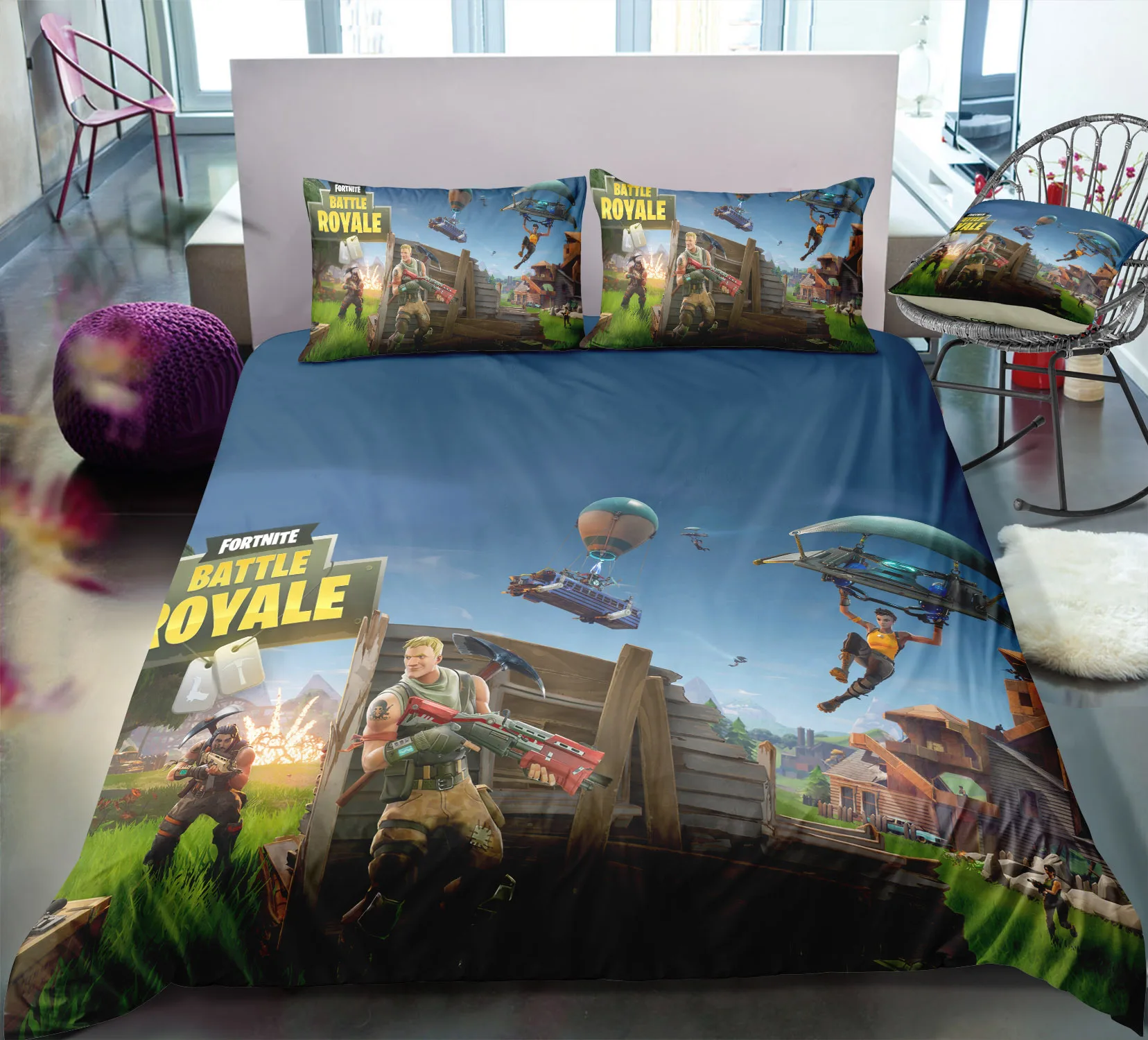 Juego de ropa de cama FORTNITE para niños, textiles para el hogar, ropa de cama de tamaño King, funda fundas de almohada de plana, venta al mayor|Cine y