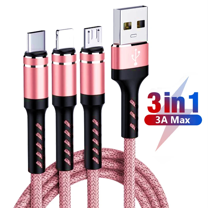 3 в 1 type C 8Pin Micro USB кабель для iPhone 8X7 6 6S Plus для iOS 10 9 8 samsung для huawei 3A USB кабели для быстрой зарядки шнур