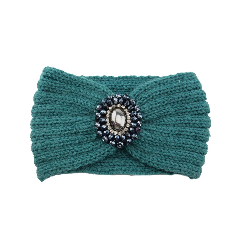 New Women Crystal Flower Headband Crochet Headwrap Casual elastic Hairband Knitting Beanies Turban Winter Knitted Headbands - Цвет: Зеленый