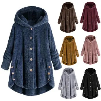 

Women Winter Warm Fluffy Overcoat Button Jacket Tops Loose Hooded Outwear H9