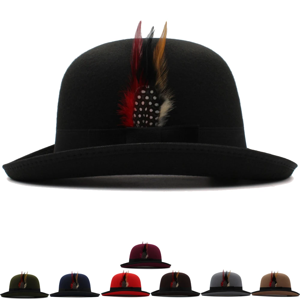 

Men Women Oval Top Feather Wool Bowler Hat Roll Rim Derby Cap Sunhat Party Street Style Adjustable Size US 7 1/8-7 3/8 UK M-L