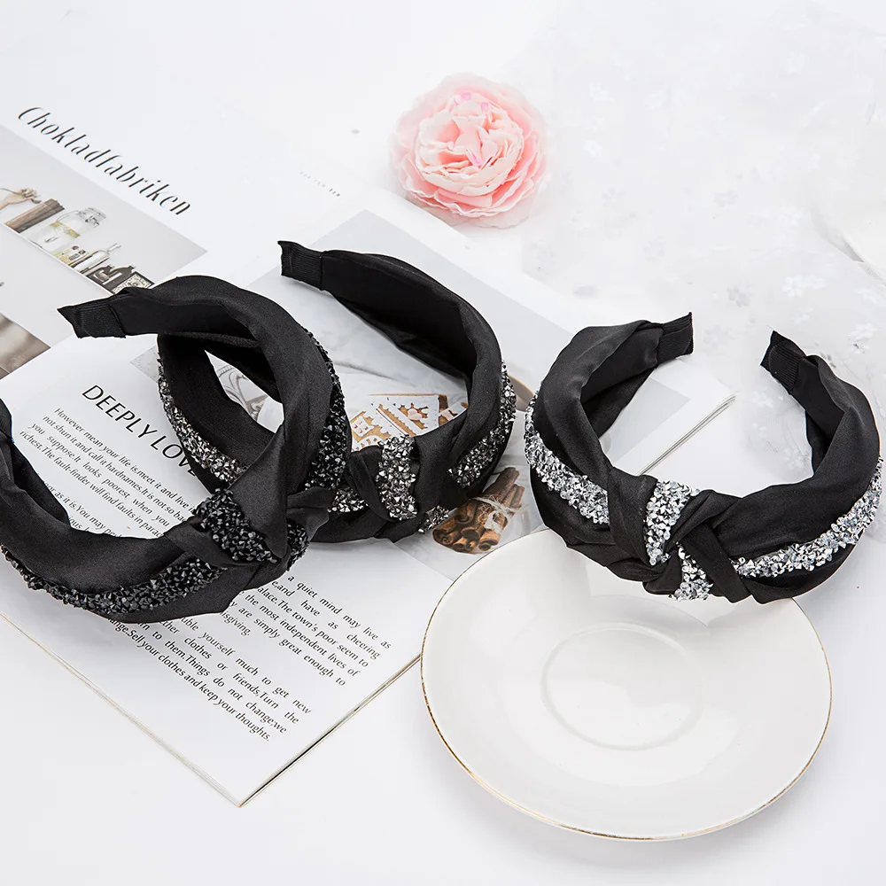 

Xugar Solid Color Knot Rhinestone Hairbands Crystal Wide Side Cloth Headbands For Girls Diamond Hair Hoop Women Hair Accessories