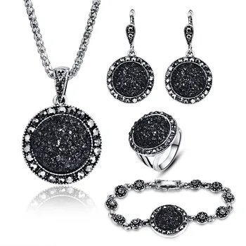 

tshou264 Women's fashion black round gravel resin necklace bracelet earrings ring four set