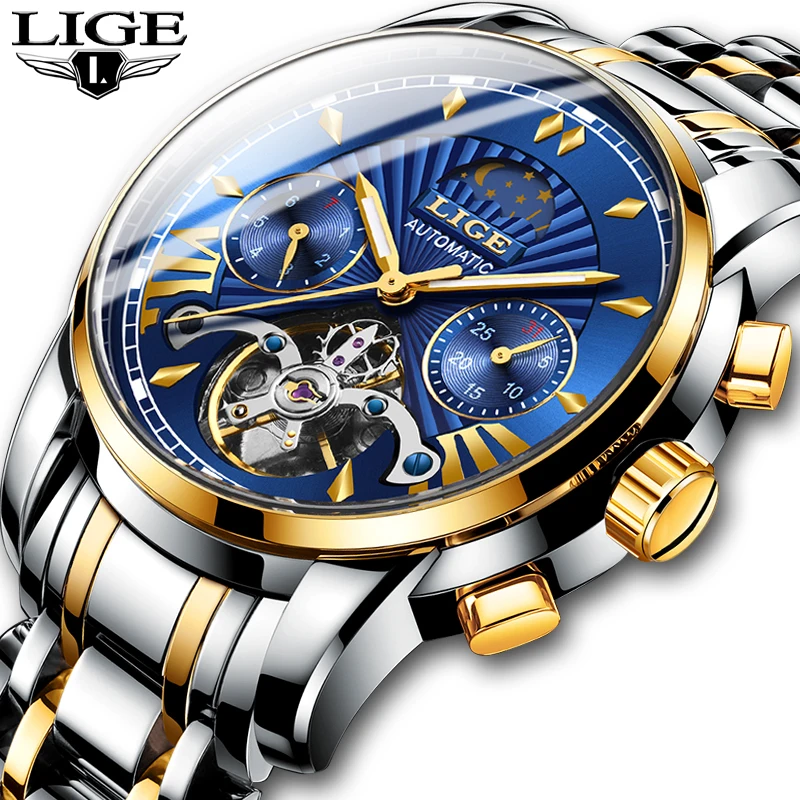 Мужские автоматические механические часы LIGE Tourbillon роскошные спортивные из