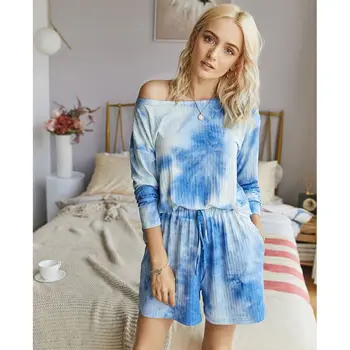 

Womens Gradient Tie-Dye 2 Piece Pajamas Set Batwing Sleeves Off Shoulder Tops Drawstring Shorts Ribbed Lounge Sleepwear