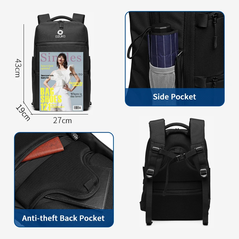 OZUKO, 15,6 дюймов, рюкзаки для ноутбука, анти-вор, рюкзак для подростка, мужской, usb зарядка, Mochila, мужские водонепроницаемые повседневные дорожные сумки