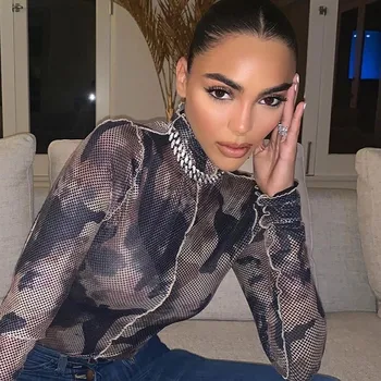 

2020 Spring and Autumn Hot Dark Retro Camouflage Mesh Perspective Women's Sexy Fashion One-Piece Suit a Generation of Hair