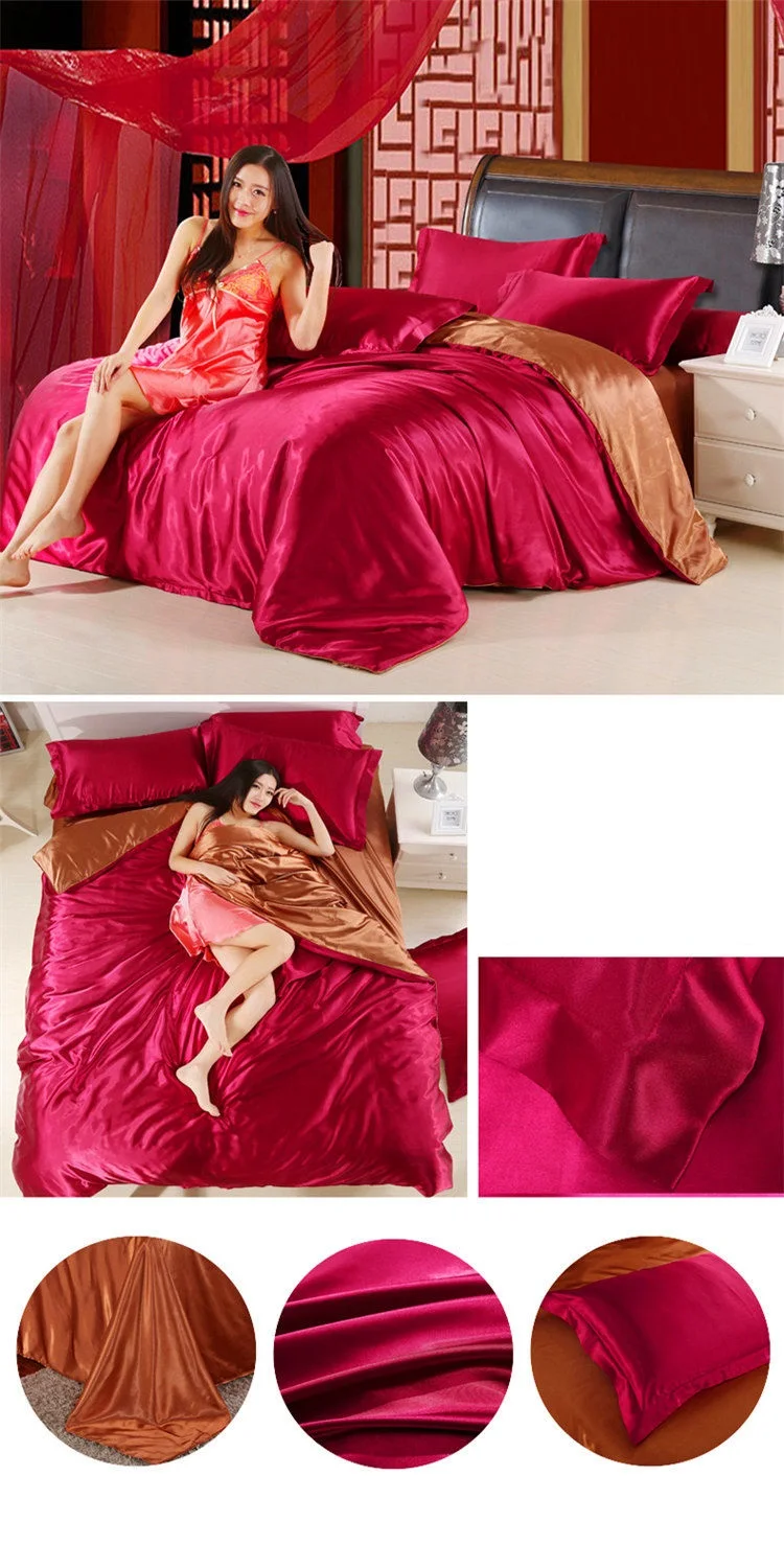 4pcs Soft Smooth Satin Bedding Set Luxury Queen King Size Bedding Set Solid Color Bed Sheet Quilt Duvet Cover Pillowcase