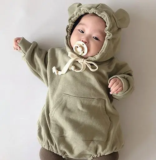 Новинка года; Весенняя детская одежда; боди для малышей с медвежьими ушками; боди с капюшоном для маленьких девочек; Детский комбинезон для мальчиков - Цвет: green romper