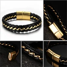 Черные кожаные мужские браслеты из нержавеющей стали, золотой браслет на цепочке, модные ювелирные изделия, роскошный праздничный подарок для мужчин, аксессуары