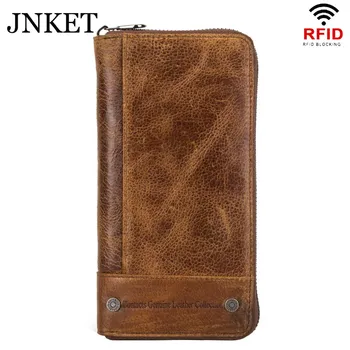 

JNKET New Retro Men's Long Zipper Wallet Cow Leather Wallet RFID Blocking Wallet Billfold Clutch Wallet Credit Card Wallet