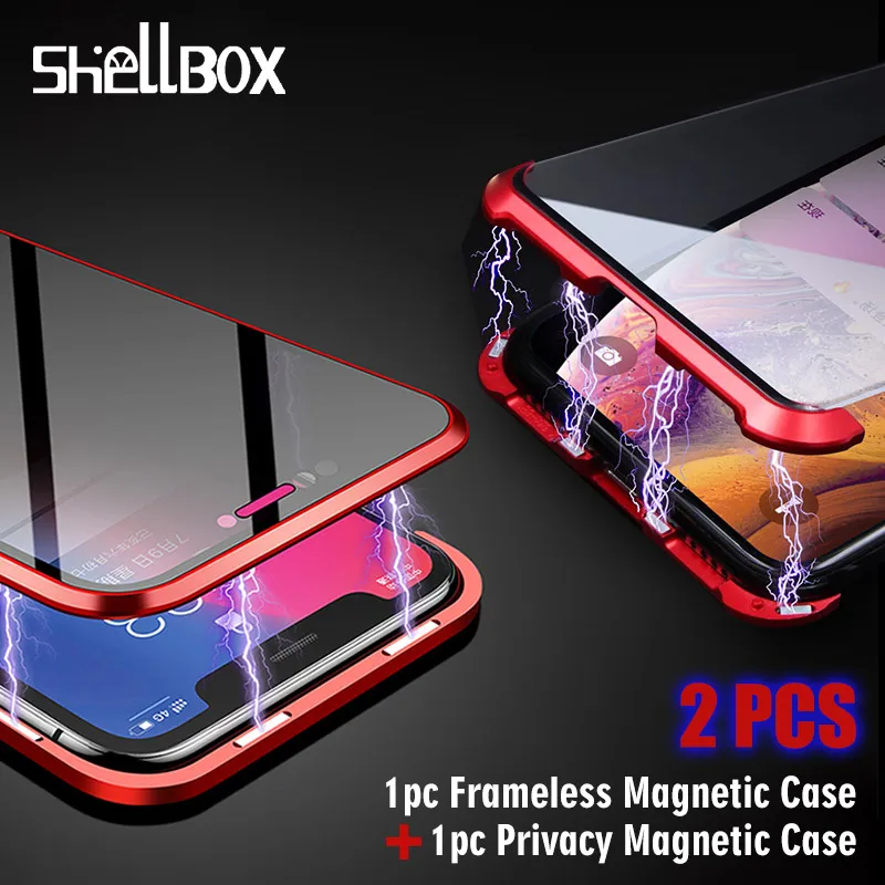 2Pcs Privacy and Rimless Tempered Glass Magnetic Case for iPhone 7 8 Plus XS MAX XR Full Body Protection Magnetic Case Cover