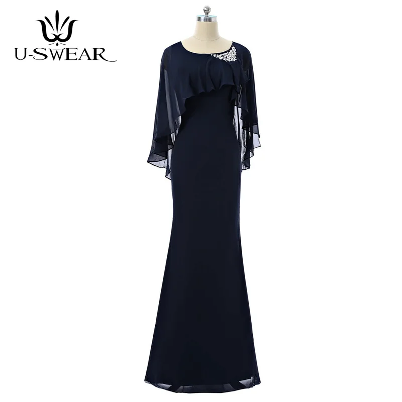 

Elegant Navy Blue Long Evening Dresses Scoop Cap Sleeves Chiffon Mermaid Beading Formal Dress Robe De Soiree Party Gown