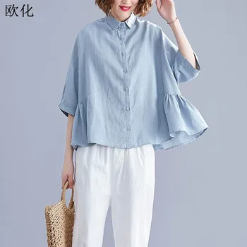 

Plus Size 4XL 5XL Short Sleeve Blouse Loose Womens Tops And Blouses Summer Cotton Linen Women Shirt Cardigan Roupa Feminina 2020