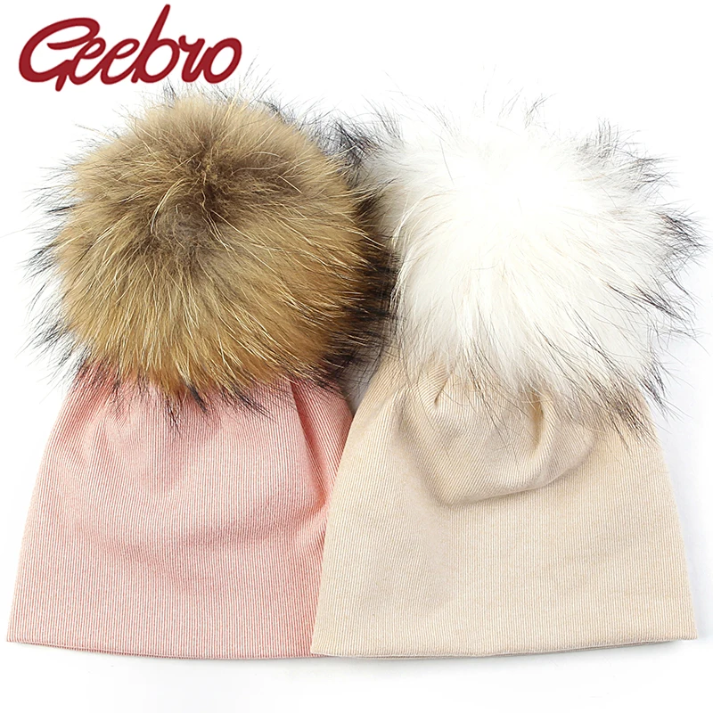 

Geebro 0-9 Month Baby Girls New Winter Warm Soft Beanies Newborn Boys Solid Color Skullies Hats With 15cm Real Fur Pompom Caps
