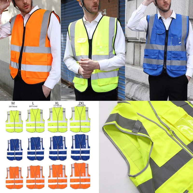 Multi Pocket Sleeveless Reflective Safety Vest High Visibility Reflecive Strips D08B