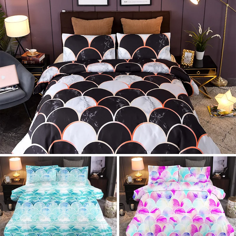 

2019 New Bedding Set Fashion Colorful Print Fish-scale Duvet cover Household Adults Bed Cover with Zipper Double bed 3PCS