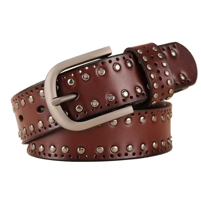 

Studded Woman Belts Genuine Leather High Quality Cow Skin Strap Fashion Designer Brand Rivet Pin Metal Buckle Ladies Items