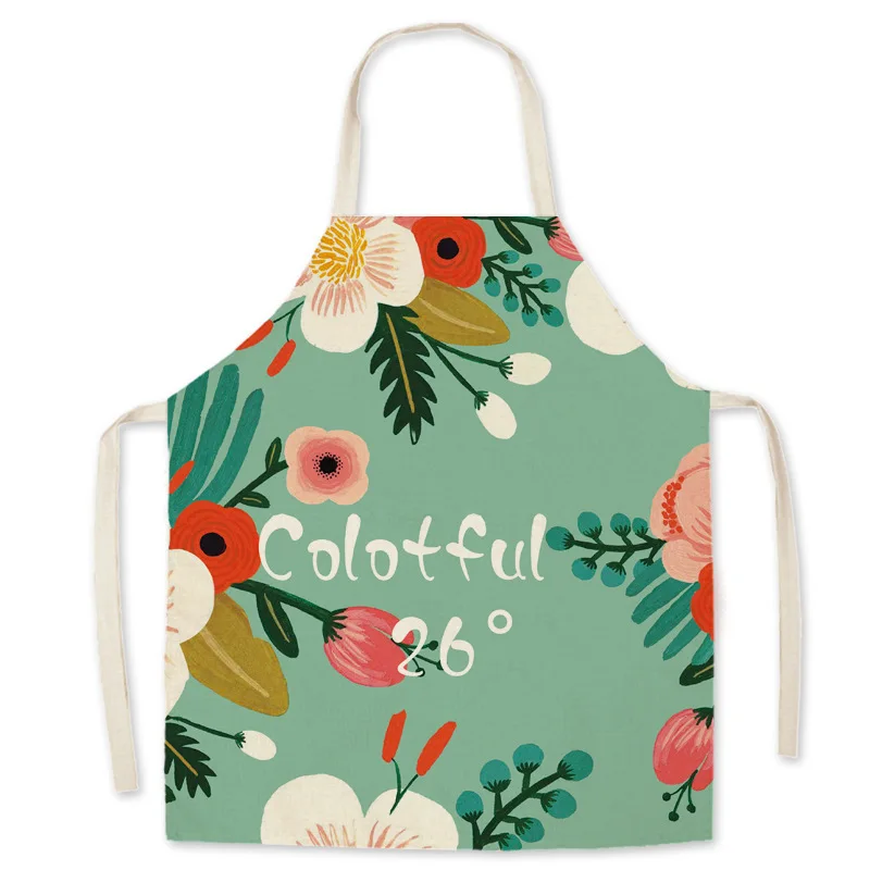 Nordic Style Aprons Plant Flower Printed Kitchen Aprons For Women Linen Bibs Household Cleaning Pinafore Home Cooking Tools