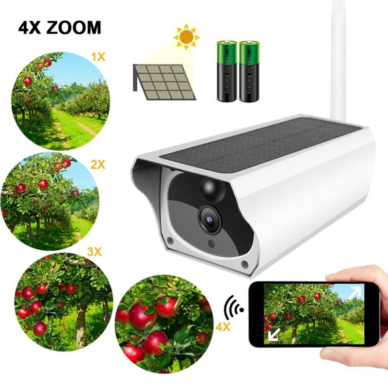 FULL-1080P Solar Power IP Camera 4X Zoom 2MP WIFI Wireless Waterproof Night Vesion APP Remote Monitor Indoor Outdoor Security Ca