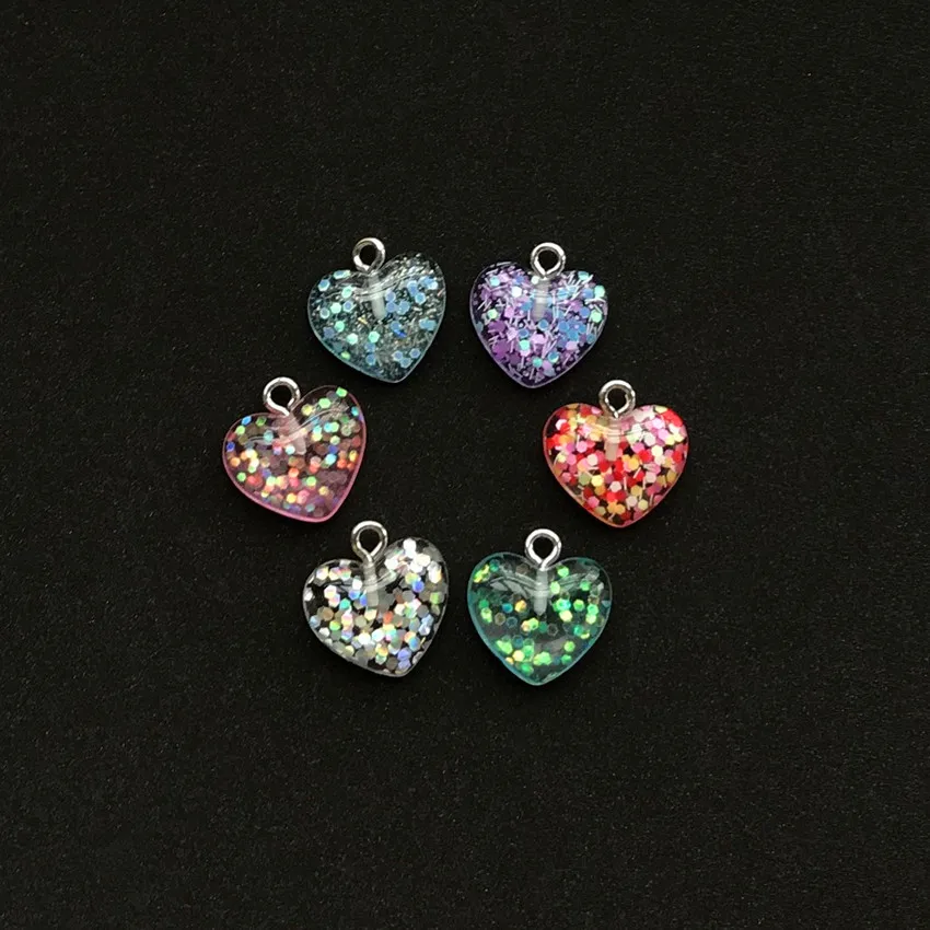 

20pcs 16mm*13mm Cute Multicolor Resin Flatback Glitter Heart charms For Necklace Keychain Pendant DIY Making Accessories