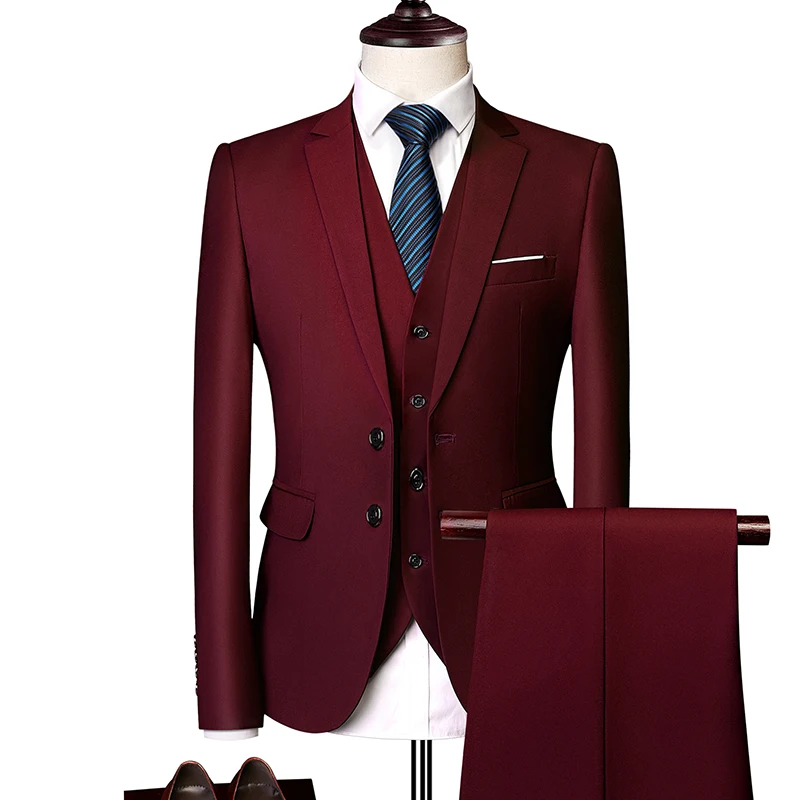 Wine red Мужской костюм,, свадебные костюмы для мужчин, с шалевым воротником, 3 штуки, облегающий бордовый костюм, мужской желтый смокинг, пиджак размера плюс, 6XL, 5XL - Цвет: Wine red