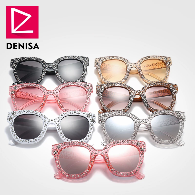 DENISA Star шипованные кошачий глаз солнцезащитные очки женские модные черные солнцезащитные очки с серебряными звездами женские солнцезащитные очки Роскошные очки G5700