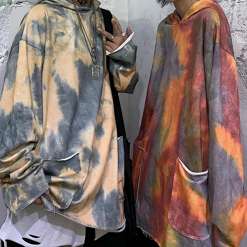 Негабаритных Harajuku уличная граффити галстук краситель контраст с капюшоном карман Толстовка пуловер Толстовка для женщин мужчин панк хип хоп тонкая футболка
