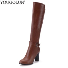 Высокие сапоги до бедра; Женская осенне-зимняя обувь на высоком толстом каблуке; модные женские сапоги выше колена с пряжкой; цвет черный, серый, коричневый; A336