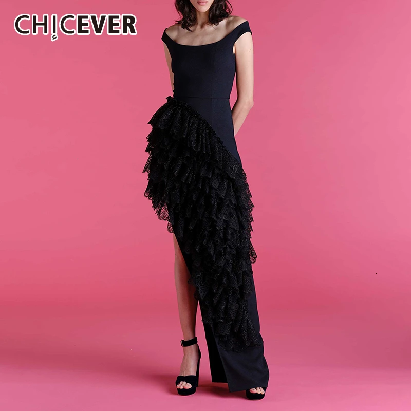 

CHICEVER Irregular Patchwork Lace Dresses For Female O Neck Spaghetti Strap High Waist Ruffle Asymmetrical Women's Dress Clothes