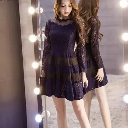 

Clobee 2019 Korean Style A Line Lace Women Dress Elegant Full Sleeve Sexy Ladies Dresses Work Party Femme Vestidos Z506