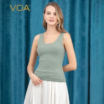 

VOA Solid Color Soft Fully Cashmere Wool Sports Strapped Vest U-collar Thread Crimping Slim Fit Simple Skin Sweater RL1262