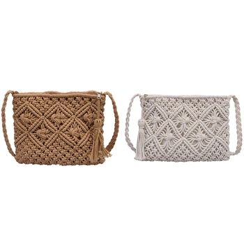 

2 Pcs Women'S Single Shoulder Bag All-Match Summer Bag Paper Rope Hook Woven Bags Bamboo Tassel Beach Handbag, Khaki & White