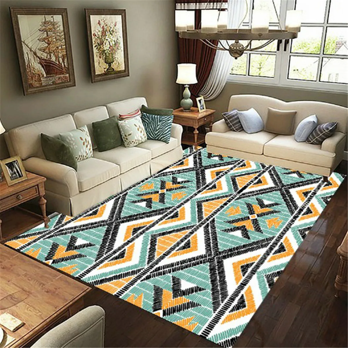 

Retro Geometry Carpet Mat for Living Room Doormat Flannel Print Bedroom Non-slip Floor Rug 02