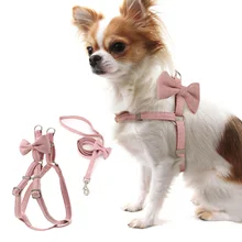 Dog Harness Leash Collar Set Adjustable Soft Cute Bow Double Layer For Small Medium Pet Pure Color Collar Leash Outdoor Walking
