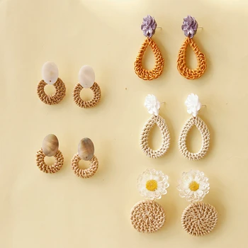 

AOMU 2020 New Summer Sweet White Purple Arcylic Flower Round Square Geometric Rattan Earrings for Women Girl Beach Drop Earrings