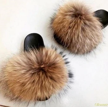 

Women Summer Real Fox Fur Slides Women Non-slip Fluffy Fur Slippers Women Furry Slippers Ladies Cute Plush Fox Hair Slippers Hot