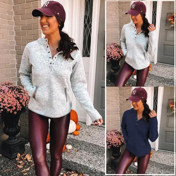 

Stand Collar Single Row Button Basic Hoodies Slim Sport Clothes Grey Navy Blue Casual Autumn Sweatshirt Streetwear Women Tops