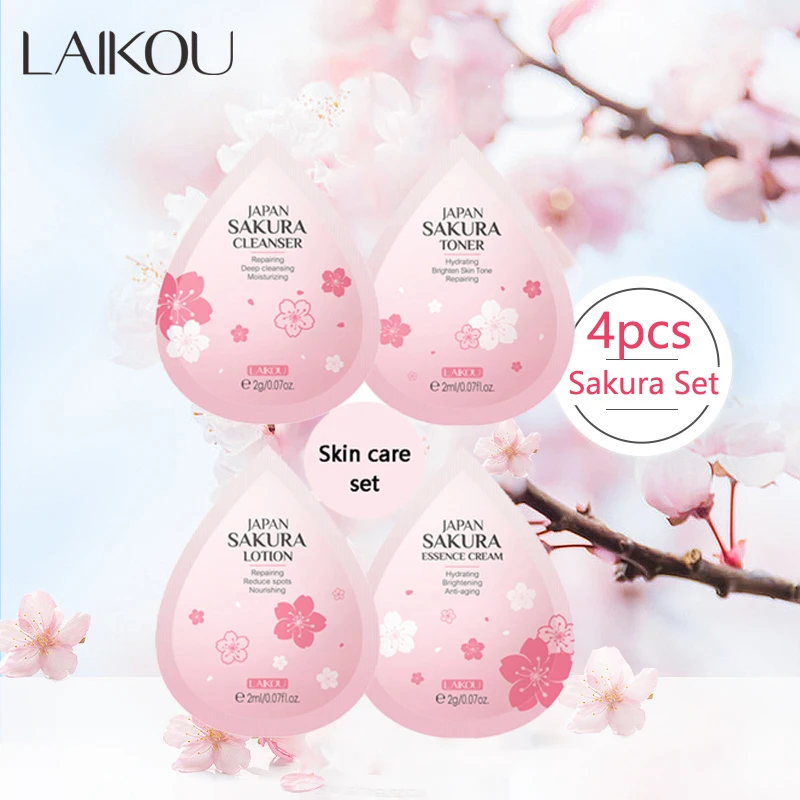 LAIKOU 4Pcs Skincare Set Sakura Cleanser Toner Lotion Cream Deep Cleansing Moisturizing Oil Control Portable Kit Travel Outfit kawaii sakura card holder lanyard photocards id business card holder portable card case korean stationery office supplies