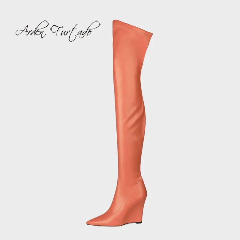 

Arden Furtado 2021 Fashion Women's Shoes Winter Orange Green Pointed Toe Wedges Over The Knee boots thigh High Boots Big Size 43