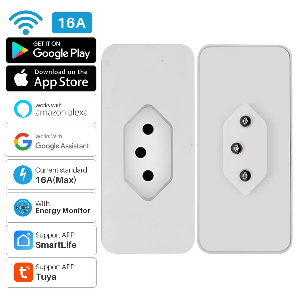 16A Smart Plug Brazil WiFi Tuya Intelligent Power Monitor Socket Timing SmartLife APP Remote Compatible With Alexa Google Home, smart plug