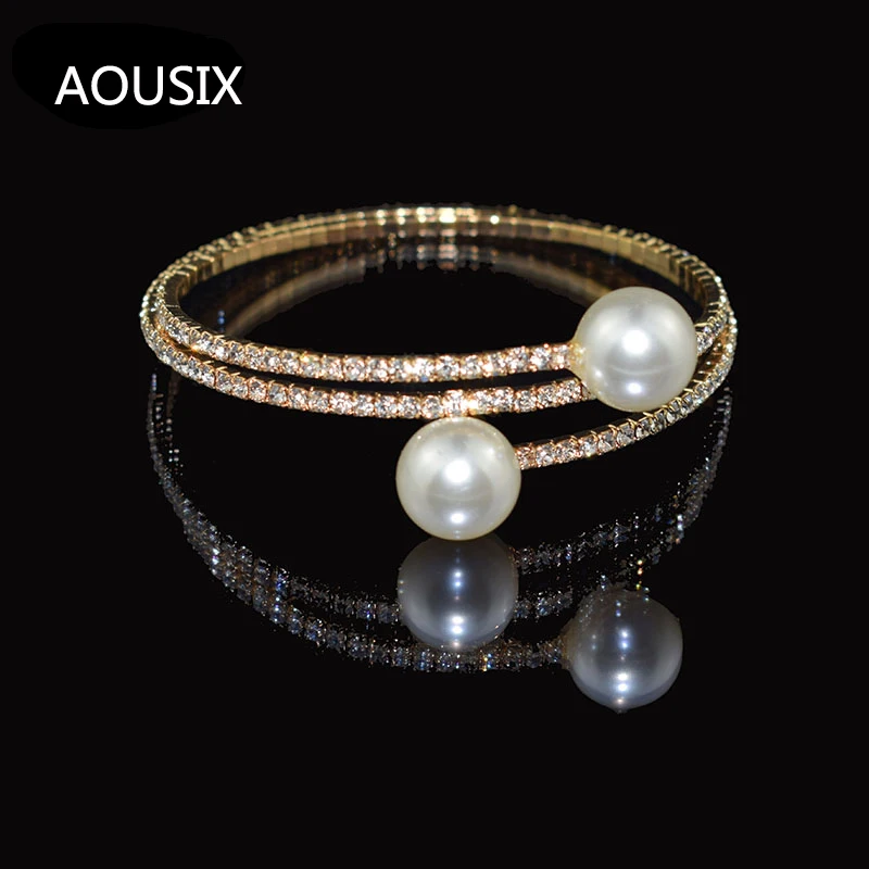 Bangle bracelet crystal bracelets Fashion Imitation Pearl Crystal Bracelet Ladies Gold Silver Plated 1/2 Row Rhinestone Cuff Bracelet for Gift